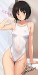  1girl absurdres adjusting_clothes adjusting_swimsuit amagami arm_support back_cutout bare_shoulders black_hair blush breasts closed_mouth clothing_cutout competition_swimsuit covered_navel cowboy_shot grey_eyes highleg highres light_smile medium_breasts mirror one-piece_swimsuit reflection short_hair signature solo standing swimsuit tachibana_miya thigh_gap twitter_username wet wet_clothes wet_swimsuit white_one-piece_swimsuit yoo_tenchi 