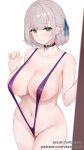  1girl areola_slip black_choker breasts choker cleavage closed_mouth collarbone cowboy_shot green_eyes grey_hair hand_up highres hololive large_breasts looking_at_viewer navel one-piece_swimsuit partially_visible_vulva purple_one-piece_swimsuit secon shirogane_noel short_hair slingshot_swimsuit smile solo stomach strap_gap swimsuit virtual_youtuber 