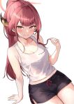  1girl arm_support armpit_crease aru_(blue_archive) awnw black_shorts blue_archive blush breasts cleavage closed_mouth collarbone demon_horns halo highres holding holding_hair horns long_hair looking_at_viewer pink_hair shorts sidelocks simple_background smile solo tank_top twitter_username white_background white_tank_top yellow_eyes 