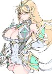  1girl bare_shoulders blonde_hair breasts chest_jewel cleavage cleavage_cutout closed_mouth clothing_cutout cowboy_shot cropped_legs dangle_earrings dress earrings elbow_gloves gem gloves hand_on_own_hip headpiece highres jewelry large_breasts long_hair looking_at_viewer microdress mythra_(xenoblade) simple_background sketch solo swept_bangs tiara ug333333 very_long_hair white_background xenoblade_chronicles_(series) xenoblade_chronicles_2 yellow_eyes 