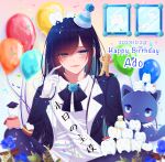  1girl absurdres ado_(utaite) balloon black_bow black_bowtie black_hair black_jacket black_pants blue_eyes blue_flower blue_hair blue_rose blush bow bowtie cat character_name cloud_nine_inc collared_shirt colored_inner_hair commentary_request confetti dated dress_shirt flower gloves happy_birthday highres jacket long_hair looking_at_viewer lower_teeth_only multicolored_hair open_clothes open_jacket open_mouth pants rose shirt shoko_(gs_music11) sidelocks sitting solo teeth two-tone_hair utaite white_gloves white_shirt 