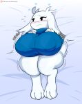  anthro big_breasts black_eyes blush breasts cave_story clothing english_text female floppy_ears hi_res huge_breasts jinu lagomorph lying mammal mimiga nipple_outline on_back onomatopoeia solo sound_effects sue_sakamoto sweater text topwear white_body 