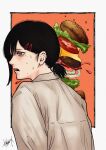  1girl black_hair border burger chainsaw_man collared_shirt food frown hair_ornament hairclip higashiyama_kobeni highres looking_to_the_side mole mole_on_cheek mole_under_eye multiple_moles nenashibito open_mouth outside_border shirt short_hair short_ponytail single_sidelock solo sweat white_border white_shirt 