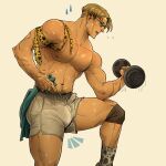  1boy animal_print blonde_hair bulge chest_hair chris_sdd commentary cowboy_shot exercise grey_shorts highres holding jujutsu_kaisen leopard_print male_focus male_pubic_hair muscular muscular_male nanami_kento necktie open_mouth pubic_hair short_hair shorts solo sunglasses sweat symbol-only_commentary teeth upper_teeth_only veins veiny_arms weightlifting weights yellow_necktie 