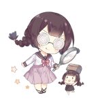  2girls :d :q arms_up blush blush_stickers bow bowtie braid brown_dress brown_footwear brown_hair brown_sailor_collar chibi coke-bottle_glasses dress fairy_(girls&#039;_frontline) full_body girls&#039;_frontline glasses holding holding_magnifying_glass long_hair long_skirt long_sleeves looking_at_viewer magnifying_glass multiple_girls object_on_head official_art pink_bow pink_bowtie pink_eyes pink_skirt pleated_skirt rescue_fairy_(girls&#039;_frontline) round_eyewear sailor_collar saru shirt simple_background skirt smile standing standing_on_one_leg star_(symbol) third-party_source tongue tongue_out transparent_background treasure_chest twin_braids v-shaped_eyebrows white_shirt |_| 