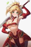 1girl armpits bandeau bare_shoulders blonde_hair blush braid breasts bridal_gauntlets clarent_(fate) closed_mouth collarbone detached_sleeves fate/apocrypha fate_(series) french_braid gradient_background green_eyes hair_ornament hair_scrunchie hand_on_own_hip highres long_hair looking_at_viewer medium_breasts mordred_(fate) mordred_(fate/apocrypha) navel parted_bangs pelvic_curtain ponytail red_scrunchie scrunchie sidelocks solo sword thighs tonee v-shaped_eyebrows weapon white_background 