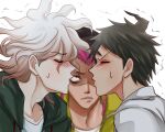  3boys ahoge black_headwear blush braid brown_hair collared_shirt danganronpa_(series) danganronpa_2:_goodbye_despair green_jacket grey_shirt highres hinata_hajime hood hood_down hooded_jacket imminent_kiss jacket komaeda_nagito looking_at_another messy_hair midori_(310ri_21) multicolored_hair multiple_boys open_clothes open_jacket pink_hair portrait shirt short_hair side_braid soda_kazuichi sweatdrop two-tone_hair yaoi 