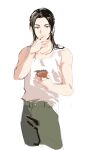  1boy axis_powers_hetalia black_hair china_(hetalia) eating green_eyes green_pants hair_down highres jingtianruoling long_hair looking_at_viewer pants tank_top white_tank_top 