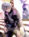  1boy bracelet fuwa_minato grey_hair grin guitar highres holding holding_plectrum instrument jacket jewelry male_focus meme_(mm_ta_mm) multicolored_hair music necklace nijisanji one_eye_closed open_clothes open_jacket pants playing_instrument plectrum purple_eyes purple_hair purple_jacket purple_pants red_hair ring smile solo stage streaked_hair undershirt virtual_youtuber 