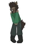  2023 alt_sona ambiguous_gender ambiguous_species anthro black_boots black_clothing black_footwear boots bottomwear brown_body brown_fur brown_hair clothing footwear fur green_bottomwear green_clothing green_pants green_shirt green_topwear hair hair_covering_face hair_over_eyes mammal model_sheet pants pegacousin pegacousin_(pegacousin) shirt solo topwear 