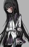  1girl absurdres akemi_homura black_hair black_pantyhose blood blood_on_face blue_eyes chuhaibane clenched_teeth dress grey_background grimace gun handgun highres long_hair looking_at_viewer mahou_shoujo_madoka_magica pantyhose sketch solo teeth very_long_hair weapon white_dress 