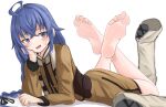  1girl absurdres ahoge barefoot blue_eyes blue_hair blush boots feet head_on_hand highres long_hair lts_kakuyo lying mushoku_tensei on_stomach open_mouth roxy_migurdia simple_background soles solo sweatdrop the_pose toes unworn_boots white_background 