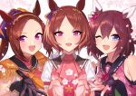  3girls :d ;d animal_ears ascot bad_link bare_shoulders blue_eyes blush brown_hair character_request chorefuji commentary_request detached_sleeves epaulettes fingerless_gloves flower gloves hair_ornament hand_up happy horse_ears long_hair looking_at_viewer multiple_girls one_eye_closed open_mouth pink_ascot ponytail purple_eyes sailor_collar shirt short_sleeves smile umamusume upper_body white_flower white_shirt 