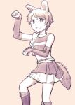  1girl animal_ears bridal_gauntlets cheerleader crop_top feet_out_of_frame fox_ears fox_tail greyscale hokkaido_nippon-ham_fighters kantai_collection kitsune_dance layered_skirt mogami_(kancolle) monochrome nao_(nao_eg) nippon_professional_baseball paw_pose pleated_skirt shirt short_hair skirt sleeveless sleeveless_shirt solo tail 