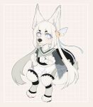  2022 barefoot biped blue_eyes bulochka canid canine chibi clothed clothing digital_media_(artwork) eyebrows eyelashes feet female fox fully_clothed fur hair hi_res hindpaw long_hair looking_at_viewer mammal pattern_background paws simple_background solo white_body white_fur white_hair yoon-a_(bulochka) 