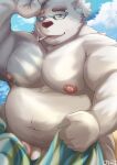  anthro bear belly bodily_fluids bon_donuts cigarette cigarette_in_mouth eyebrows eyewear fur genitals glasses hair hi_res leib_(tas) lifewonders male mammal navel nipples nude object_in_mouth overweight pecs penis penis_base polar_bear ponytail smoking solo sweat thick_eyebrows tokyo_afterschool_summoners towel ursine white_body white_fur 