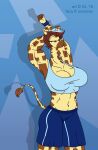  2016 abs anthro big_breasts bottomwear breasts clothing copyright_symbol digital_media_(artwork) female fur giraffe giraffid green_eyes mammal muscular muscular_anthro muscular_female navel satsumalord shorts solo spots spotted_body spotted_fur stretching symbol tara_greens topwear wristband 