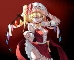  1girl absurdres adapted_costume azov blonde_hair bow bowtie breasts clothes_pull commentary cowboy_shot crystal flandre_scarlet hat hat_bow highres looking_at_viewer medium_hair mob_cap one_side_up open_mouth pointy_ears pulled_by_self red_background red_bow red_eyes red_shirt red_skirt shirt skirt skirt_pull solo standing touhou white_headwear wings wrist_cuffs yellow_bow yellow_bowtie 