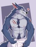  &lt;3 abs absurd_res anthro biceps blue_body canid canine canis fur hi_res humanoid league_of_legends male mammal muscular muscular_anthro muscular_male nipples pecs primal_howls riot_games scar smile solo teeth towel towel_only vein veiny_muscles warwick_(lol) wolf yellow_eyes 