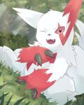  ambiguous_gender anthro biped black_eyes detailed_background fur generation_3_pokemon grass hi_res looking_at_viewer nintendo one_eye_closed plant pokemon pokemon_(species) red_body red_fur red_sclera rumine sitting sitting_on_ground smile solo white_body white_fur zangoose 