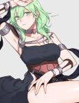  1girl arm_up armlet armpits bare_shoulders black_dress bracelet breasts byleth_(female)_(fire_emblem) byleth_(fire_emblem) choker cleavage collarbone commentary_request dancer_(three_houses) dress enlightened_byleth_(female) expressionless fire_emblem fire_emblem:_three_houses green_eyes green_hair hair_between_eyes highres jewelry large_breasts looking_at_viewer medium_breasts medium_hair official_alternate_costume official_alternate_hair_color parted_lips peach11_01 single-shoulder_dress solo thighs 