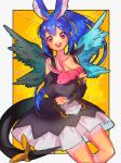  1girl absurdres angel_wings animal_ears aqua_wings asymmetrical_wings black_dress blue_hair bow breasts dark_blue_hair detached_sleeves dizzy_(guilty_gear) dress feathered_wings green_wings guilty_gear_vastedge_xt hair_bow hair_ribbon high_ponytail highres large_breasts long_hair long_sleeves looking_at_viewer official_alternate_costume open_mouth rabbit rabbit_ears red_eyes ribbon tail tail_ornament tail_ribbon wings yellow_bow yellow_ribbon yohane_shimizu 
