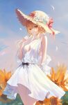  1girl absurdres bare_shoulders blonde_hair blue_sky blush breasts cleavage dress genshin_impact hat highres large_breasts looking_at_viewer lumine_(genshin_impact) medium_hair rable sidelocks sky solo straw_hat thighs white_dress yellow_eyes 