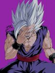  1boy artist_name biceps black_wristband commentary_request dougi dragon_ball dragon_ball_super dragon_ball_super_super_hero gohan_beast grey_hair hand_on_own_forehead hand_up highres looking_at_viewer male_focus muscular muscular_male open_mouth pectorals purple_background red_eyes red_sash sash scratches seya_(asasei_718) signature simple_background solo son_gohan spiked_hair teeth tongue torn_clothes v-shaped_eyebrows veins wristband 