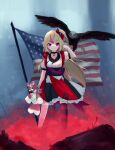  1girl ambiguouscyborg american_flag animal_on_arm ashley_taylor asymmetrical_legwear bald_eagle bird bird_on_arm black_choker black_dress black_thighhighs blonde_hair bone_hair_ornament bow character_request choker closed_mouth commentary doll dress eagle english_commentary feet_out_of_frame hair_bow hair_ornament hand_up highres holding holding_doll long_hair looking_at_viewer magia_record:_mahou_shoujo_madoka_magica_gaiden mahou_shoujo_madoka_magica mismatched_legwear mixed-language_commentary multicolored_clothes multicolored_dress multicolored_hair one_side_up patriotism pendant_choker pink_eyes pink_hair pink_thighhighs puffy_short_sleeves puffy_sleeves purple_sash purple_thighhighs red_bow red_dress sash short_sleeves smile solo standing streaked_hair striped striped_thighhighs thighhighs two-tone_thighhighs v-shaped_eyebrows white_dress 