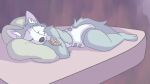  abstract_background anthro bed canid canine canis diaper domestic_dog fur furniture husky infantilism kinkojom male mammal nordic_sled_dog pillow plushie simple_background sleeping solo spitz tail 