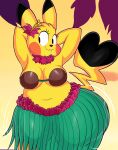  absurd_res anthro bite biting_lip blackmore bra breasts clothing cloud dancing female flower generation_1_pokemon hi_res hula looking_at_another motion_lines navel nintendo pikachu plant pokemon pokemon_(species) raised_tail sky solo tail underwear 