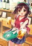  1girl :d alcohol apron beer blue_skirt blush bottle brown_eyes brown_hair chair chotto_ippai! collarbone commentary_request foam green_apron holding incoming_drink indoors izakaya kayou_(kayou-bi) looking_at_viewer miyahara_momiji official_art open_mouth pleated_skirt red_shirt shirt short_sleeves skirt smile solo standing waist_apron 
