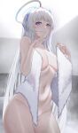  1girl absurdres areola_slip arturaxia blue_archive blush breasts commentary cowboy_shot grin groin hands_up highres index_finger_raised large_breasts looking_at_viewer navel noa_(blue_archive) nude purple_eyes smile solo standing stomach thighs white_hair 