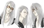  1boy alternate_hair_color black_jacket blue_eyes collage collarbone fate/grand_order fate_(series) grin hair_over_face highres jacket long_hair looking_at_viewer male_focus open_clothes open_jacket orange-tinted_eyewear simple_background smile solo sunglasses tezcatlipoca_(fate) tinted_eyewear upper_body washblackmud white_background white_hair 
