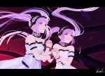  2girls bare_shoulders black_ribbon breasts choker cleavage collared_shirt detached_sleeves dress euryale_(fate) fate/grand_order fate_(series) floating_hair frilled_choker frills grin hairband hal_(haaaalhal) highres holding_hands letterboxed lolita_hairband multiple_bracelets multiple_girls pink_eyes pink_hair ribbon ribbon-trimmed_choker shirt signature smile stheno_(fate) twintails white_choker white_dress 