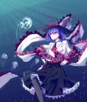  1girl ascot black_headwear black_skirt bow bubble capelet chokie closed_mouth commentary_request frilled_capelet frilled_shawl frilled_skirt frills hat hat_bow highres jellyfish looking_at_viewer nagae_iku purple_hair red_ascot red_bow red_eyes shawl short_hair skirt solo touhou underwater white_capelet 