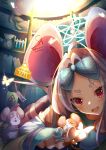  1girl absurdres animal_ears aonaginemuri biohazard_symbol blue_archive bow ear_tag fang grey_hair hair_bow halo highres mouse mouse_ears mouse_girl mouse_tail parted_bangs red_eyes saya_(blue_archive) short_eyebrows skin_fang solo tail two_side_up white_hair 