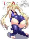  ! 1girl ;p absurdres adapted_costume ahoge all_fours alternate_costume anger_vein angry artoria_caster_(swimsuit)_(fate) ass back_cutout blonde_hair blue_gloves blue_one-piece_swimsuit blue_thighhighs clothing_cutout double_v ebora elbow_gloves english_commentary fate/grand_order fate_(series) from_behind gloves highleg highleg_swimsuit highres long_hair looking_back one-piece_swimsuit one_eye_closed sharp_teeth shouting stirrup_legwear swimsuit teeth thighhighs toeless_legwear toes tongue tongue_out twintails v wet white_background 