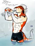  abs amur_carp anthro bgn biceps bulge carp clothed clothing cyprinid cypriniform fish hi_res koi male mammal marine muscular muscular_anthro muscular_male outside smile solo solo_focus tail text towel towel_around_neck typical_carp underwear underwear_only white_body 