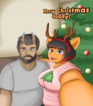  anthro arisenleaf beard black_hair blue_eyes brown_eyes christmas christmas_tree clothing duo english_text facial_hair female fluffy_pony hair hi_res holidays horn male plant red_hair shirt text topwear tree 