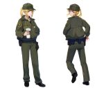  1girl absurdres baseball_cap belt black_belt black_footwear blonde_hair brown_eyes brown_shirt collared_shirt commentary cup disposable_cup drink english_commentary full_body green_headwear green_jacket green_pants gun handgun hat highres holding holding_cup holding_drink holster holstered_weapon jacket long_hair long_sleeves looking_at_viewer looking_back los_angeles_county_sheriff&#039;s_department multiple_views original pants patch police police_uniform policewoman ponytail sheriff sheriff_badge shirt shoes sidelocks simple_background standing tuzik10 uniform utility_belt weapon white_background 