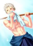  1boy abs biceps blue_background blue_hakama brown_eyes commentary_request cowboy_shot grey_hair hakama hands_up holding holding_sword holding_towel holding_weapon japanese_clothes little_busters! looking_afar miyazawa_kengo muscular muscular_male nose short_hair simple_background solo spiked_hair standing sweat sword topless towel weapon wiping_face wooden_sword zen_(kamuro) 
