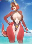  anthro breasts clothing female fuecoco generation_9_pokemon hair hat headgear headwear kambo looking_at_viewer nintendo one-piece_swimsuit one_eye_obstructed pokemon pokemon_(species) red_body red_hair solo swimwear tail yellow_eyes 