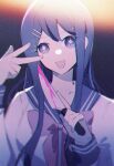  1girl :d blue_eyes blue_hair blue_sailor_collar bow bowtie collarbone danganronpa:_trigger_happy_havoc danganronpa_(series) hair_between_eyes hair_ornament hairclip hands_up holding holding_knife knife long_hair long_sleeves maizono_sayaka open_mouth pink_bow pink_bowtie rirene_rn sailor_collar school_uniform shirt smile solo upper_body w white_shirt 