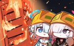  2girls a.r.o.n.a_(blue_archive) absurdres arona_(blue_archive) black_eyes black_serafuku blue_archive blue_eyes blue_serafuku braid chibi fire hair_over_one_eye halo hardhat helmet highres holding holding_shovel multicolored_hair multiple_girls neckerchief school_uniform serafuku server shovel sweat white_neckerchief yanggaengwang 