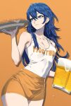  1girl beer_mug blue_eyes blue_hair breasts cleavage closed_mouth collarbone commission cup fried_chicken holding holding_tray hooters long_hair lucina_(fire_emblem) mug orange_background rasupekuto shirt short_shorts shorts simple_background skeb_commission small_breasts smile solo tank_top tray waitress white_shirt 