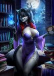  anthro big_breasts black_hair black_nose blue_eyes book breasts cleavage clothed clothing female hair hi_res jewelry kilbi library magic magic_user mammal procyonid raccoon sila_dione solo 