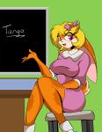  80&#039;s_theme 80s_clothing 80s_hair anthro big_breasts blonde_hair bow_ribbon breasts chalkboard female fur furniture hair happy instructor itadaki_street lagomorph leporid mammal mastergodai name_tag orange_body orange_fur presenter rabbit solo stool tangobunny teacher 