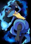  1boy absurdres animal_ears animal_feet animal_hands arm_up aura black_background black_fur blue_fur blue_theme body_fur claws closed_mouth commentary_request feet fighting_stance furry furry_male highres ktyon3 leaning_to_the_side leg_up looking_to_the_side lucario male_focus multicolored_fur partial_commentary pawpads pokemon pokemon_(creature) red_eyes snout solo spikes split_mouth standing standing_on_one_leg tail thick_thighs thighs wolf_boy wolf_ears wolf_tail yellow_fur 
