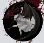  bat_wings blood claws dress googerm grin hat highres holding holding_weapon mob_cap purple_hair remilia_scarlet short_hair smile strapless strapless_dress touhou weapon white_dress wings 